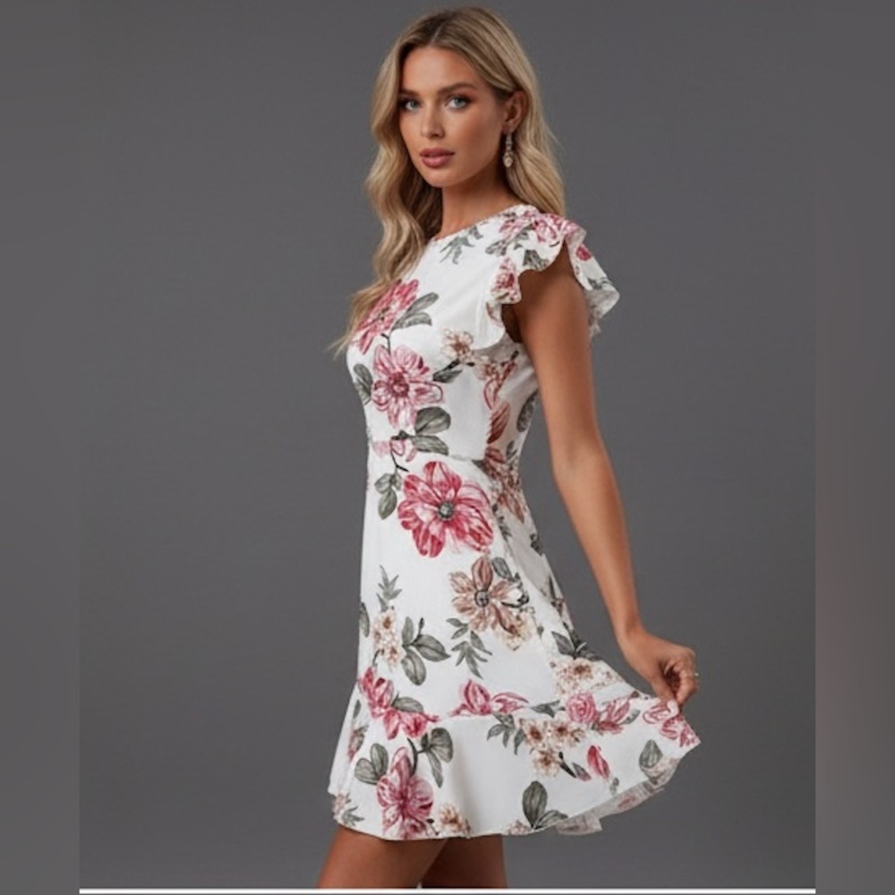 Boho Floral Print Ruffle Trim Dress White